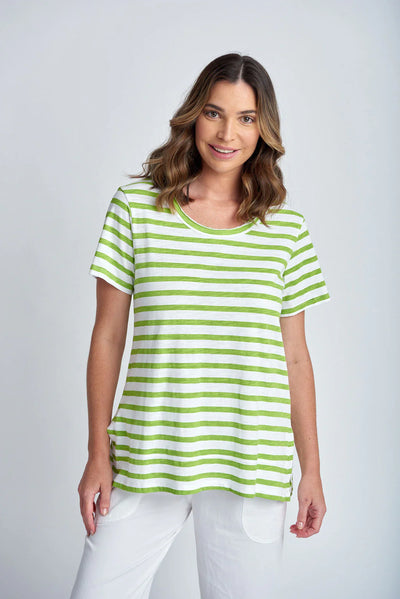 Stripe Raw Neck Tee - White | Greenery