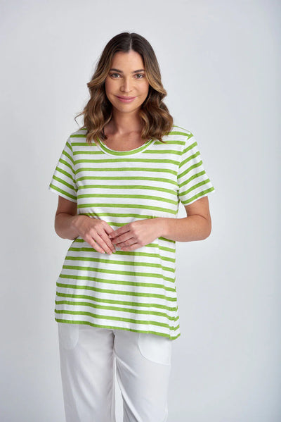 Stripe Raw Neck Tee - White | Greenery