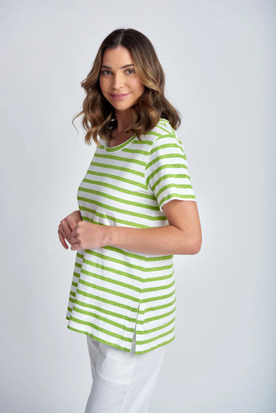 Stripe Raw Neck Tee - White | Greenery