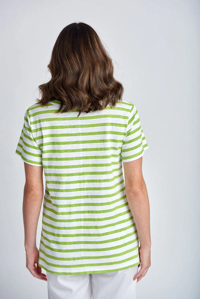 Stripe Raw Neck Tee - White | Greenery