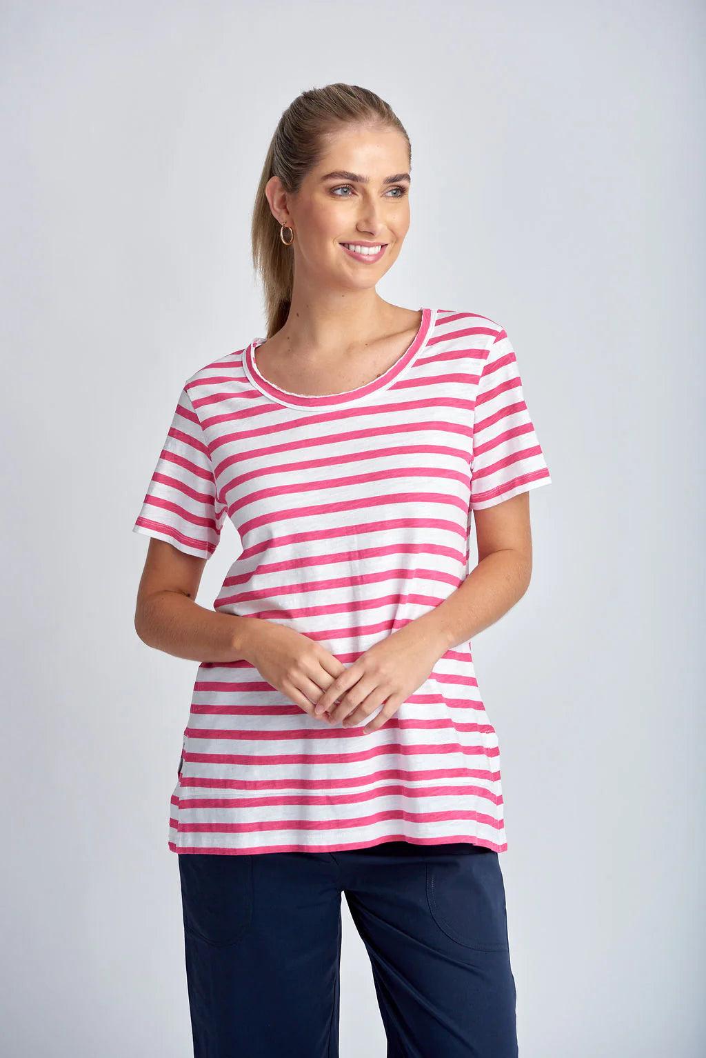 Stripe Raw Neck Tee - White | Raspberry