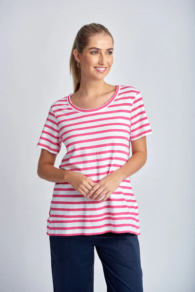 Stripe Raw Neck Tee - White | Raspberry