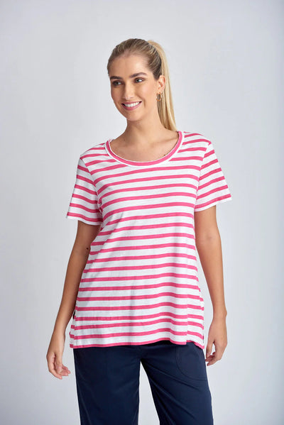 Stripe Raw Neck Tee - White | Raspberry