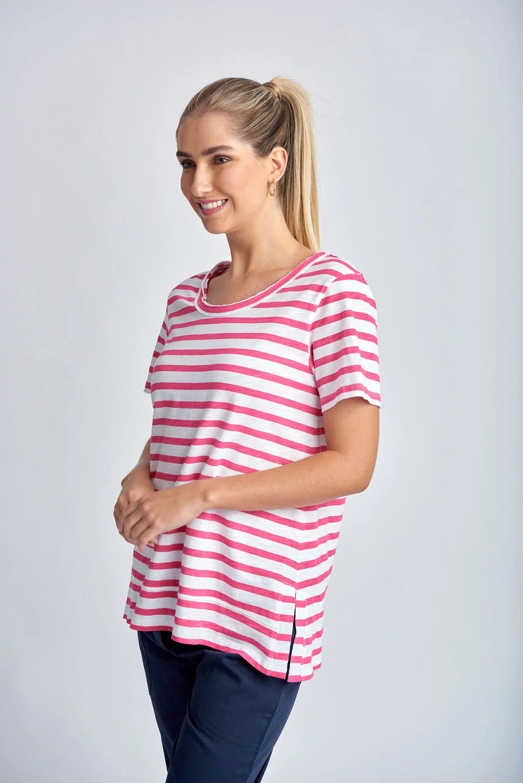 Stripe Raw Neck Tee - White | Raspberry