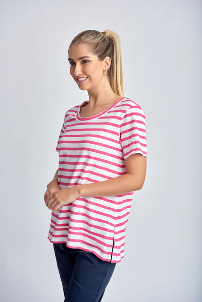 Stripe Raw Neck Tee - White | Raspberry