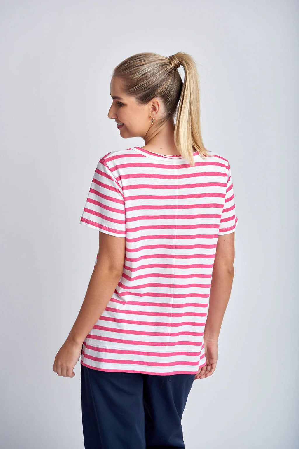 Stripe Raw Neck Tee - White | Raspberry