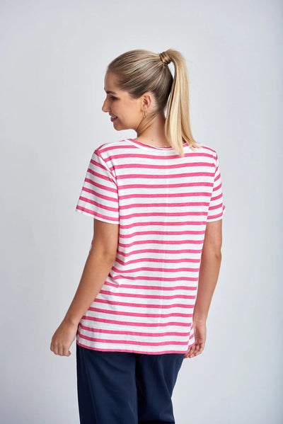 Stripe Raw Neck Tee - White | Raspberry