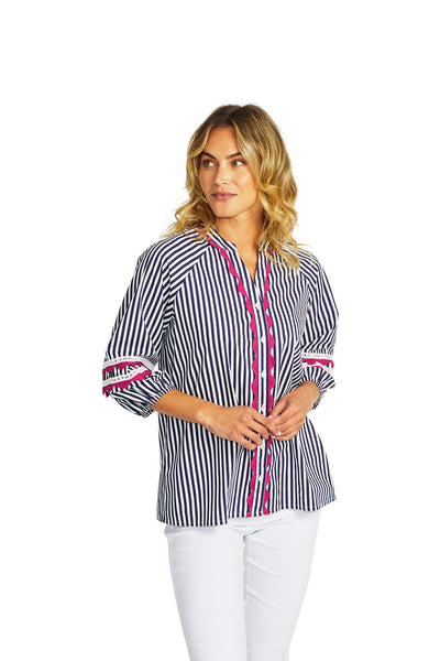 Delia Ric Rac Blouse | White Navy