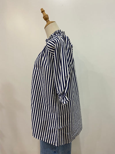 Charlie Frill Short Sleeve Top | Navy Stripe