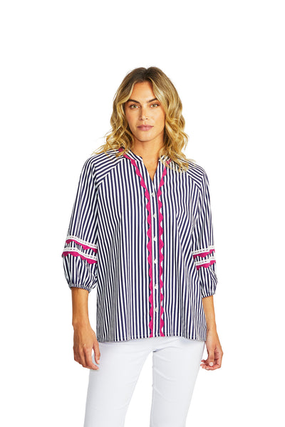 Delia Ric Rac Blouse | White Navy