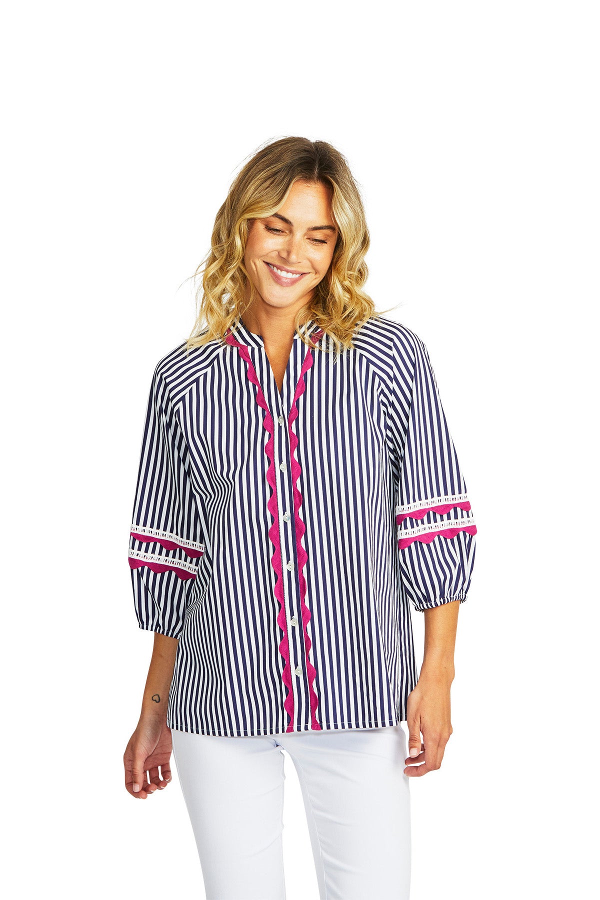 Delia Ric Rac Blouse | White Navy