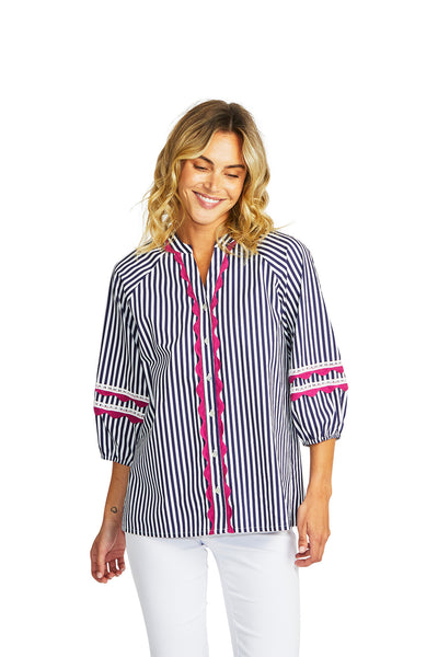 Delia Ric Rac Blouse | White Navy
