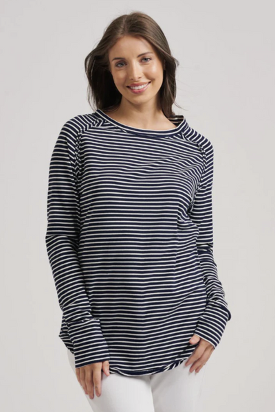 est. 1971 - Raw Crew Long Sleeve Tee - Navy Stripe - Womens Fashion