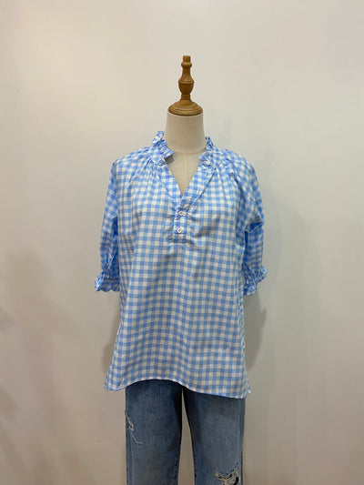 Charlie Frill Short Sleeve Top | Pale Blue Gingham