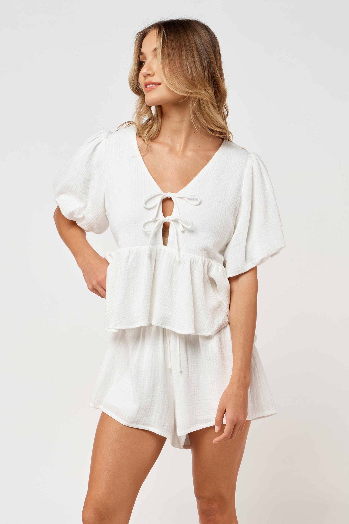 Petra Babydoll Tie Front Top | White