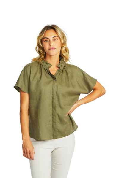 Ping Pong - Nora Linen Ruffle Blouse - Khaki - Womens Fashion