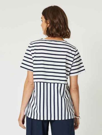 Clarity- Striped Spliced Tee - Navy/White - Womens Fashion