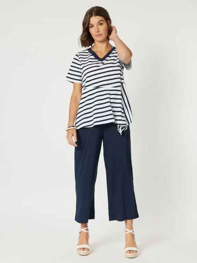 Clarity- Striped Spliced Tee - Navy/White - Womens Fashion