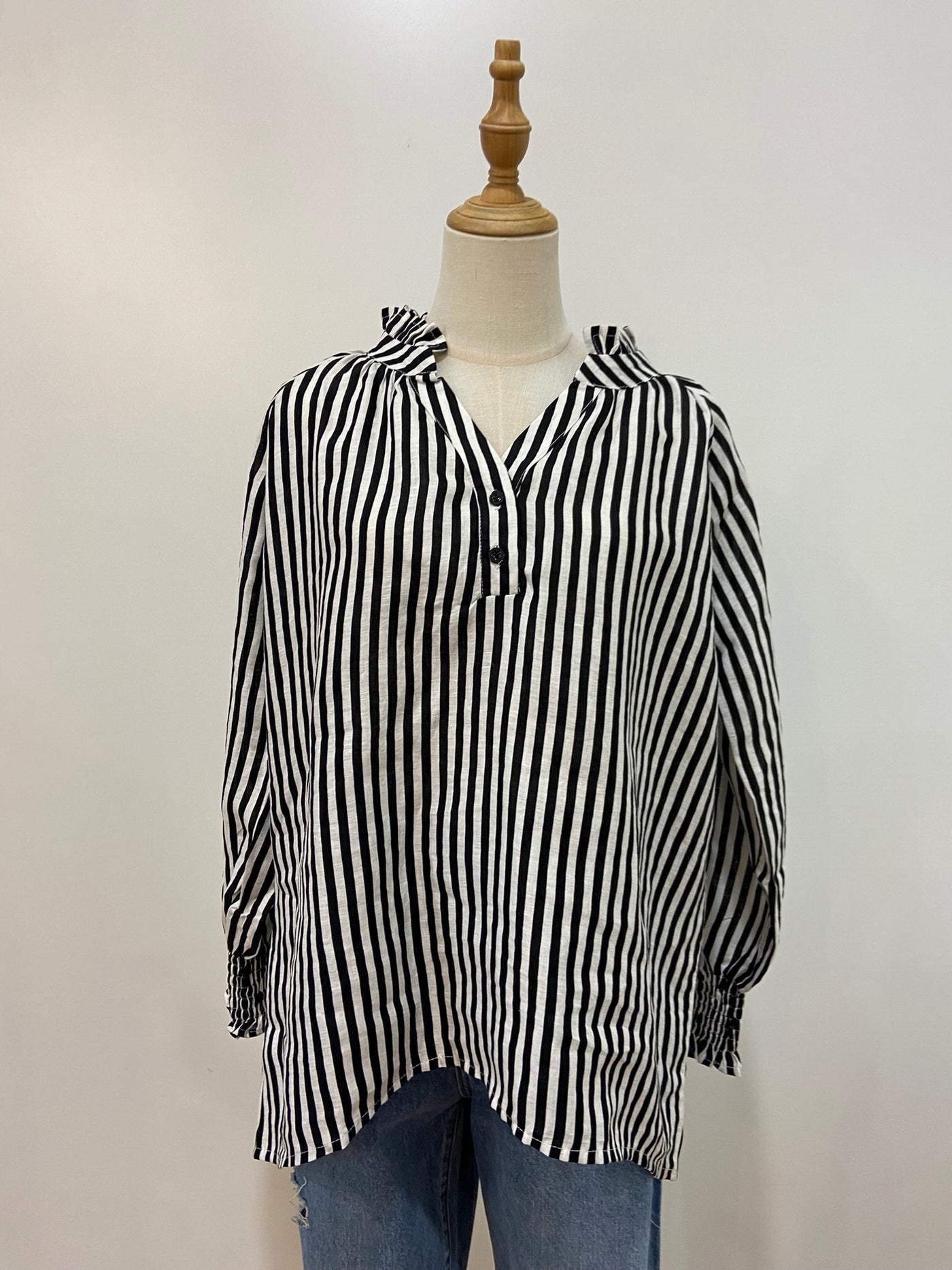 Charlie Frill Top | Black Stripe Linen