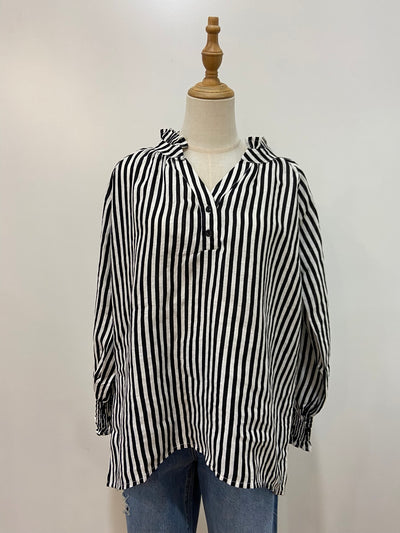 Charlie Frill Top | Black Stripe Linen