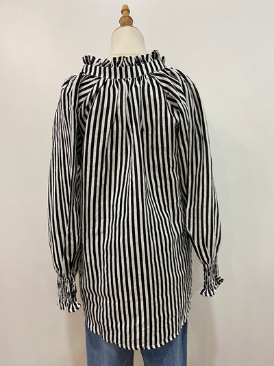 Charlie Frill Top | Black Stripe Linen