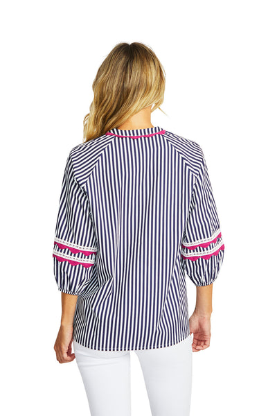 Delia Ric Rac Blouse | White Navy