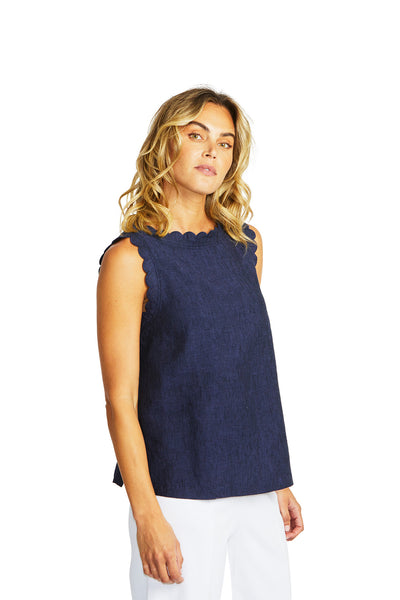 Lucy Linen Scallop Top | Navy