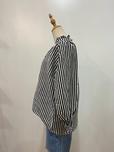 Charlie Frill Top | Black Stripe Linen