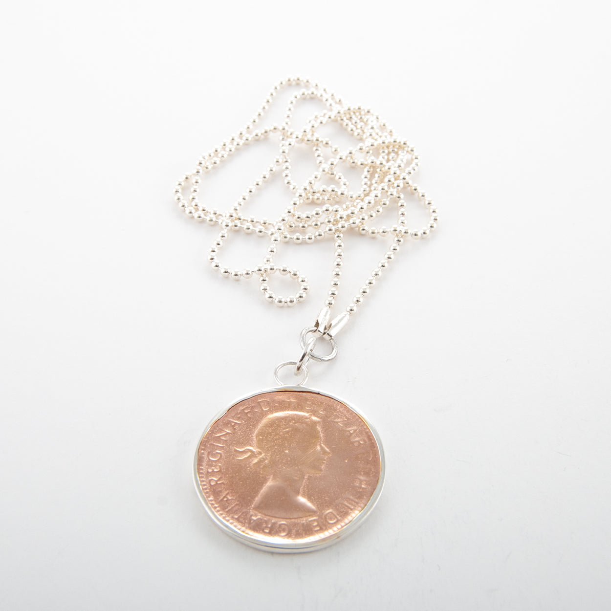 Long Sterling Silver Ball Chain Necklace with Rose Gold 1950 King George Penny